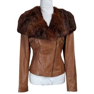 NWT Y2K Marciano Distressed Leather Moto Jacket Fur Collar Brown Size S XS VTG